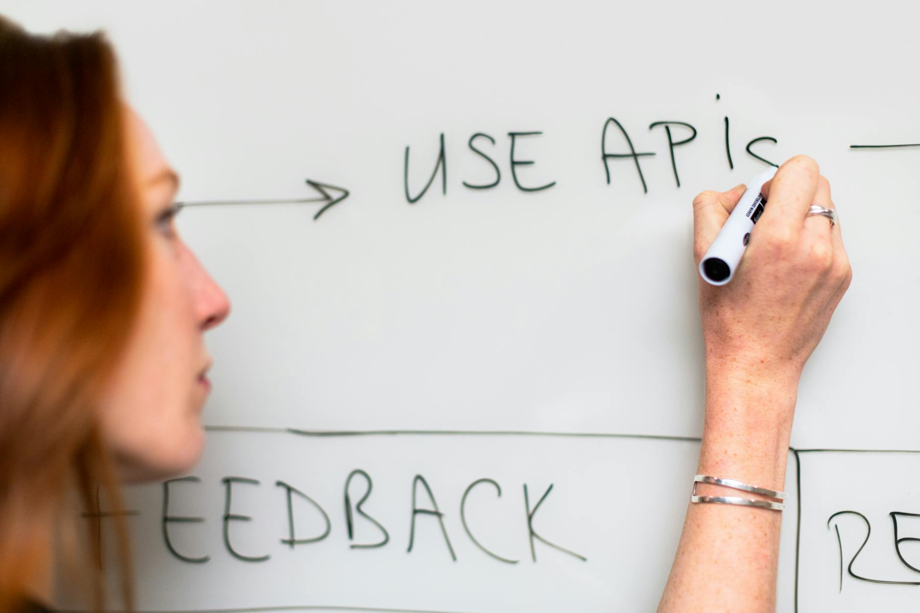 A Woman Writes Use Apis On A Whiteboard Focusin