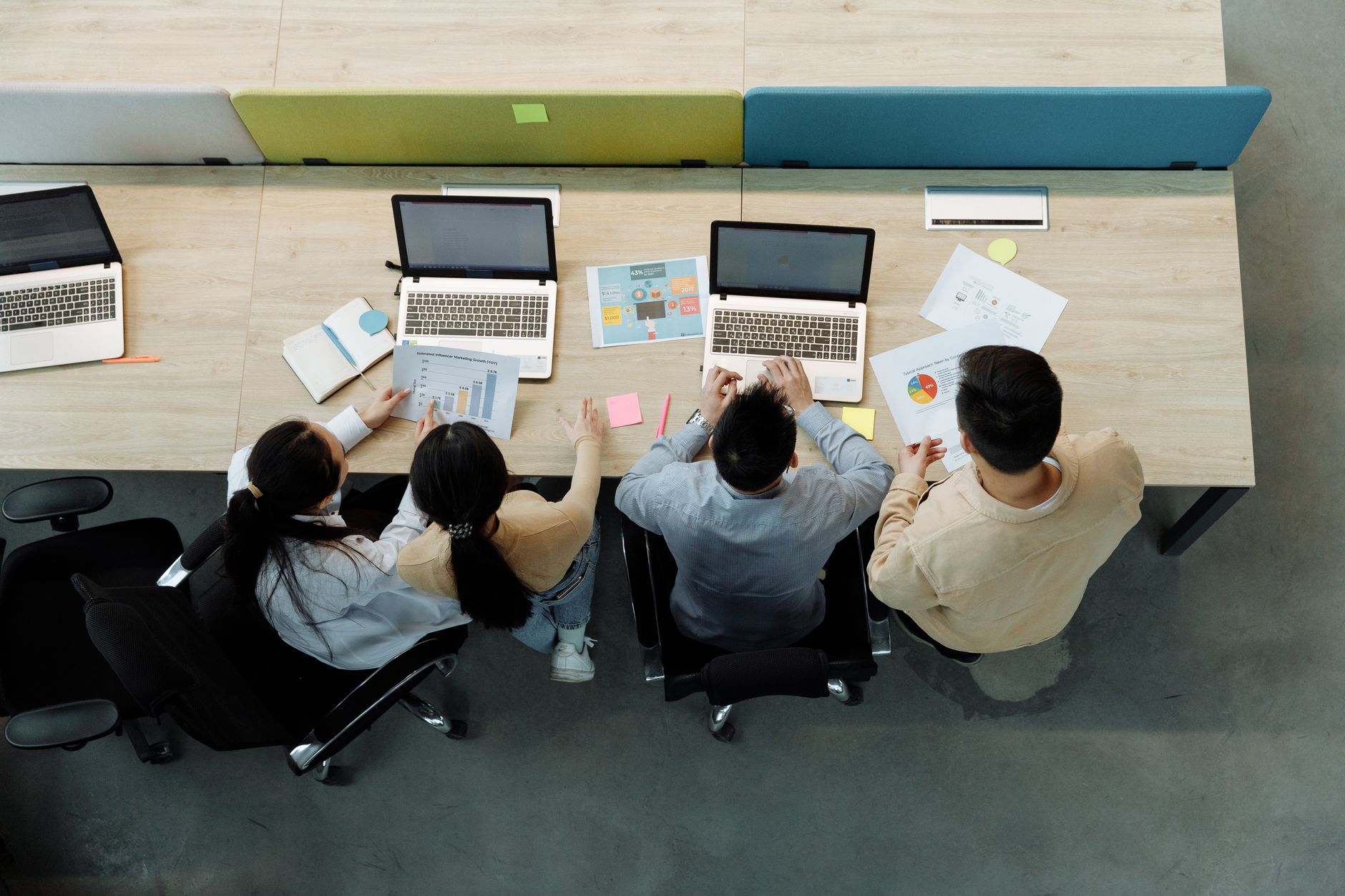 Aerial View Of Four Colleagues Working With Laptop 1