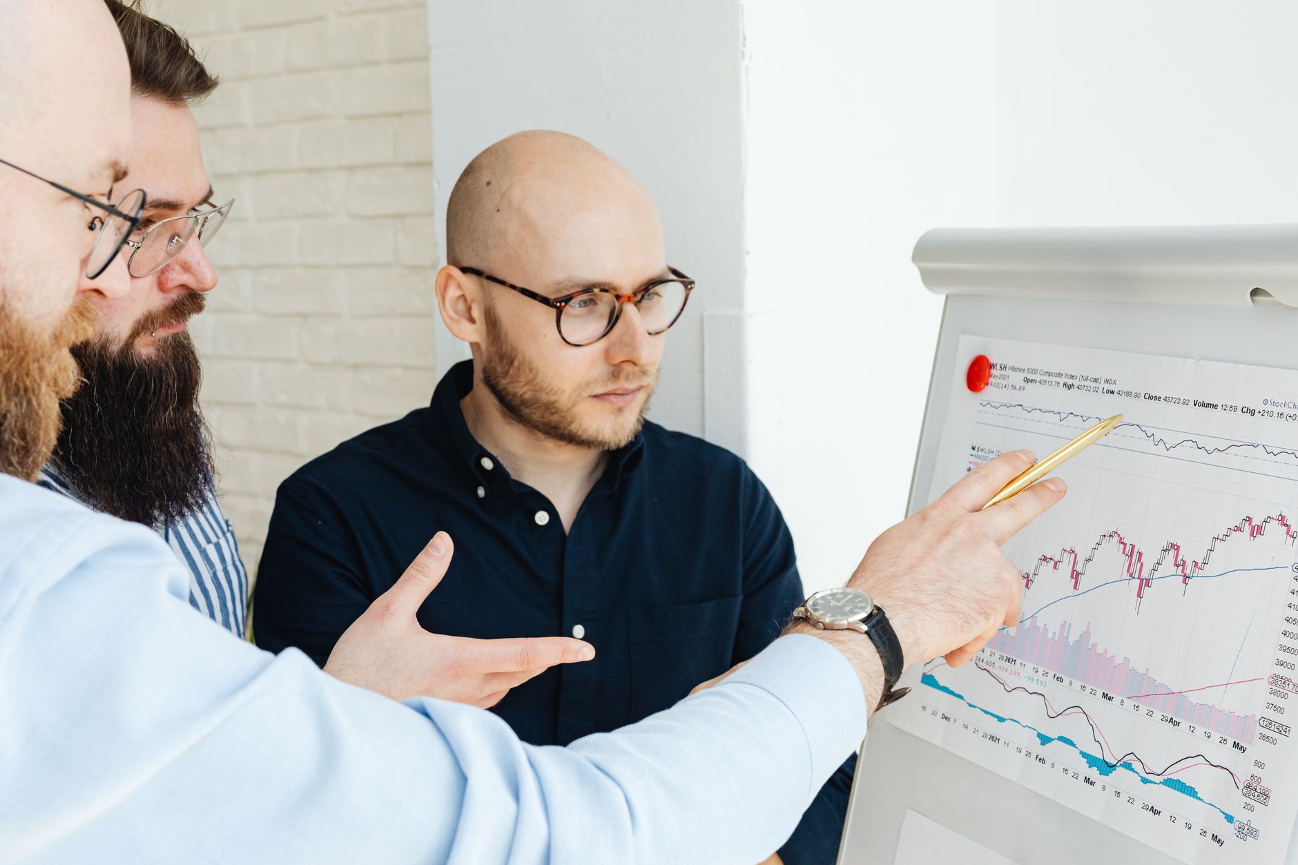 Three Men Discussing Financial Charts On A Whitebo